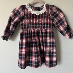 Toddler Girls Flannel Cotton Plaid‎ Smocked Dress Size 4T Marie Nicole Navy Red